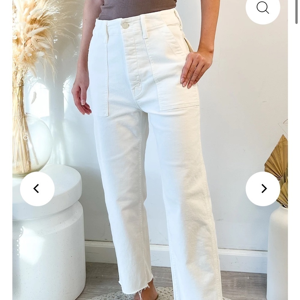 MOTHER Patch Pocket Private Ankle Fray Jean Cream Puff Wide Leg High Rise Sz 34